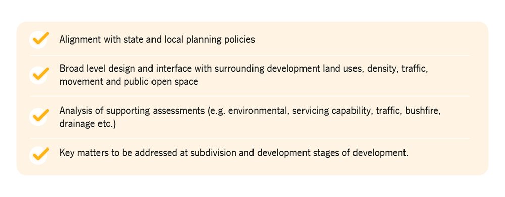 Graphic detailing Structure Planning application considerations which are: Alignment with state and local planning policies. Broad level design and interface with surrounding development land uses, density, traffic, movement and public open space. Analysis of supporting assessments (e.g. environmental, servicing capability, traffic, bushfire, drainage etc.). Key matters to be addressed at subdivision and development stages of development.